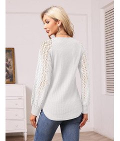 Damska Koszula Elegancka Koronkowa Bluzka Długi Rękaw Elegancka Biała L