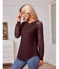 Damska Bluzka Elegancka Koronkowa Czerwone Wino Długi Rękaw L