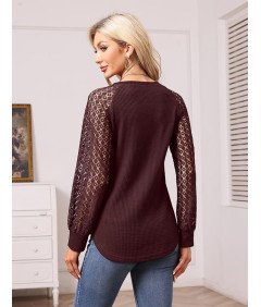 Damska Bluzka Elegancka Koronkowa Czerwone Wino Długi Rękaw L