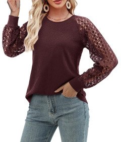 Damska Bluzka Elegancka Koronkowa Czerwone Wino Długi Rękaw L