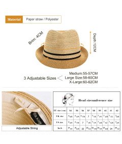 Męski Kapelusz Słomkowy Fedora Trilby Przeciwsłoneczny Kolor Kawy M 58cm