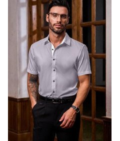 Męska Koszula Letnia Z Krótkim Rękawem Biznesowa Slim Fit Szara Rozmiar L