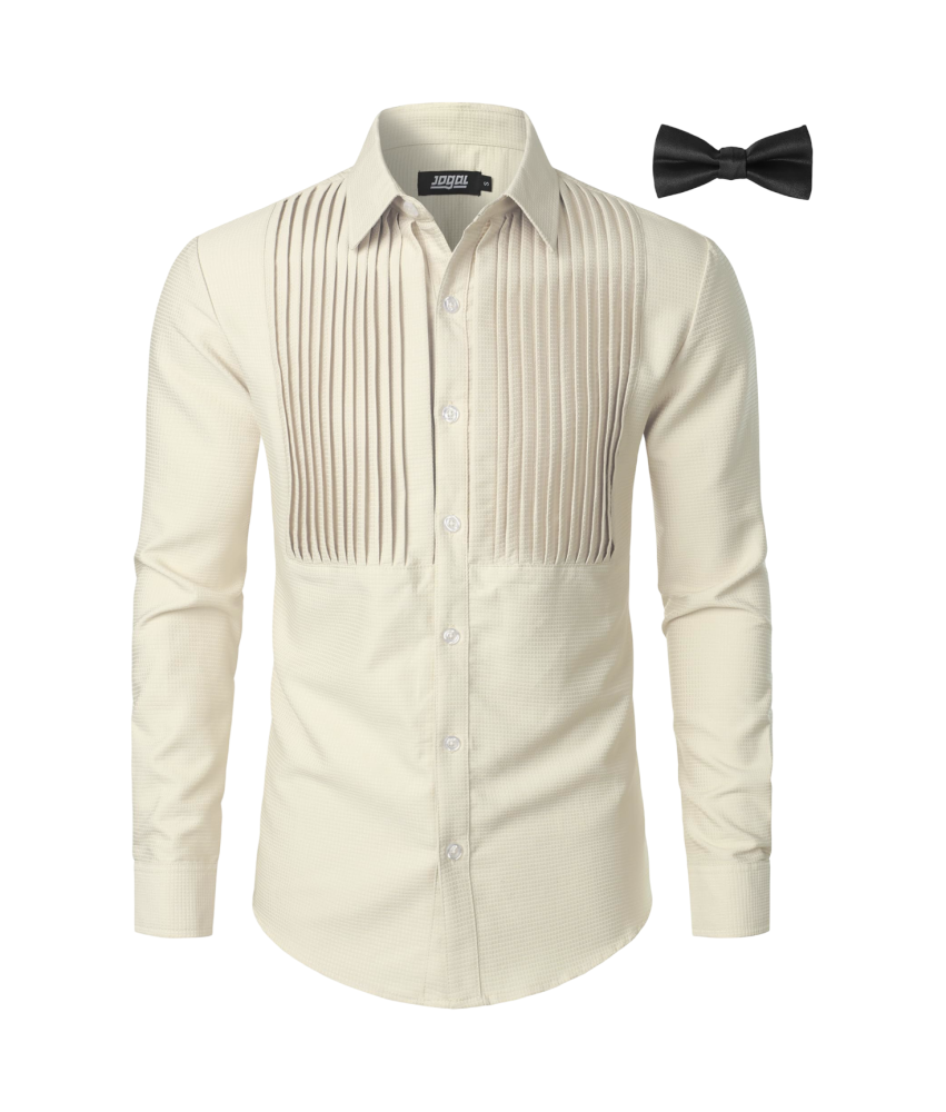 Męska Koszula Formalna z Muszką Regular Fit Paski Elegancka Kremowa S