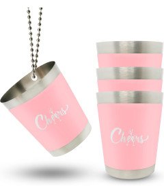 Zestaw 4 Różowych Kieliszków Ze Stali Nierdzewnej Z Łańcuszkiem 40 ml