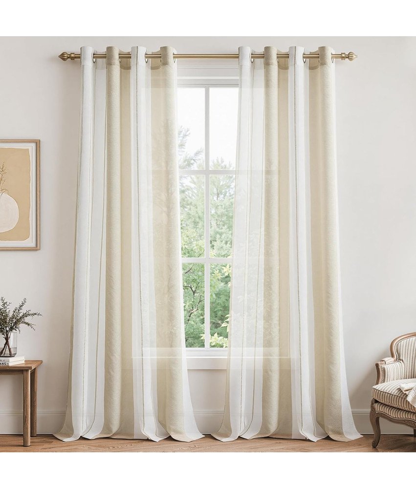 MRTREES Zestaw 2 Półprzezroczystych Zasłon w Paski Białe Beżowe 260x140 cm