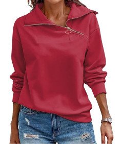 KEBORUILA Damska Bluza Bez Kaptura Elegancka Wysoki Kołnierz Czerwona XL