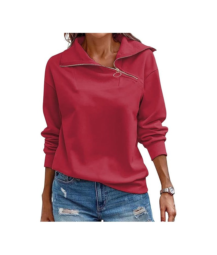 KEBORUILA Damska Bluza Bez Kaptura Elegancka Wysoki Kołnierz Czerwona XL