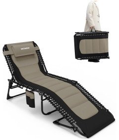 Składany Leżak Ogrodowy Plażowy Turystyczny z Poduszką i Kieszenią Khaki