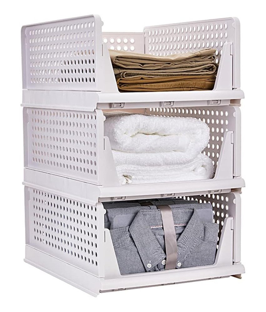 Organizery do Szafy Kosze Szuflady Wysuwane Składane Zestaw 3 Sztuk Białe