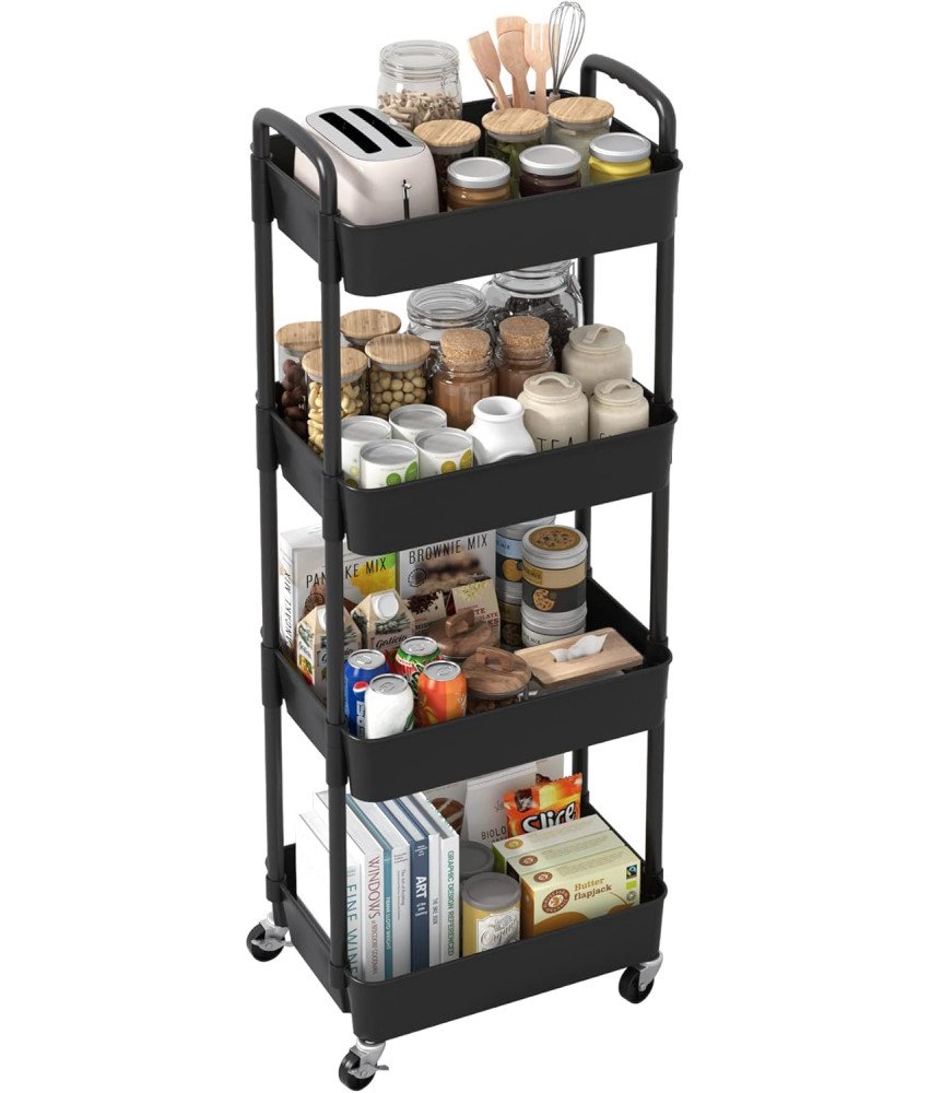 Wózek Kuchenny Czarny 4 Poziomowy z Uchwytem Mobilny do Przechowywania