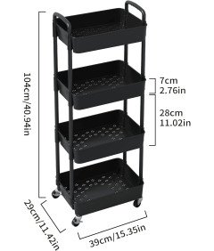 Wózek Kuchenny Czarny 4 Poziomowy z Uchwytem Mobilny do Przechowywania