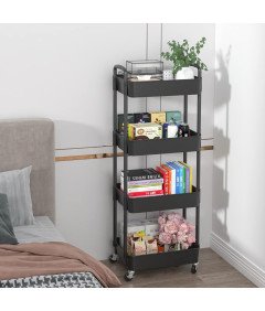 Wózek Kuchenny Czarny 4 Poziomowy z Uchwytem Mobilny do Przechowywania