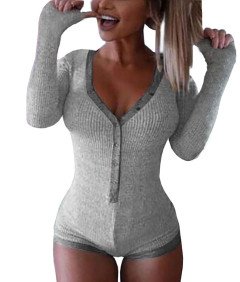 Body Damskie Ciemnoszare z Długim Rękawem Dekolt Zapinane na Guziki L
