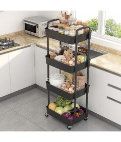 Wózek Kuchenny Czarny 4 Poziomowy z Uchwytem Mobilny do Przechowywania