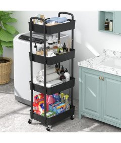 Wózek Kuchenny Czarny 4 Poziomowy z Uchwytem Mobilny do Przechowywania