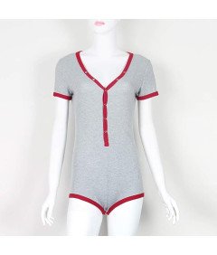 Body Damskie Szaro Czerwone z Krótkim Rękawem Dekolt Zapinane na Guziki XL