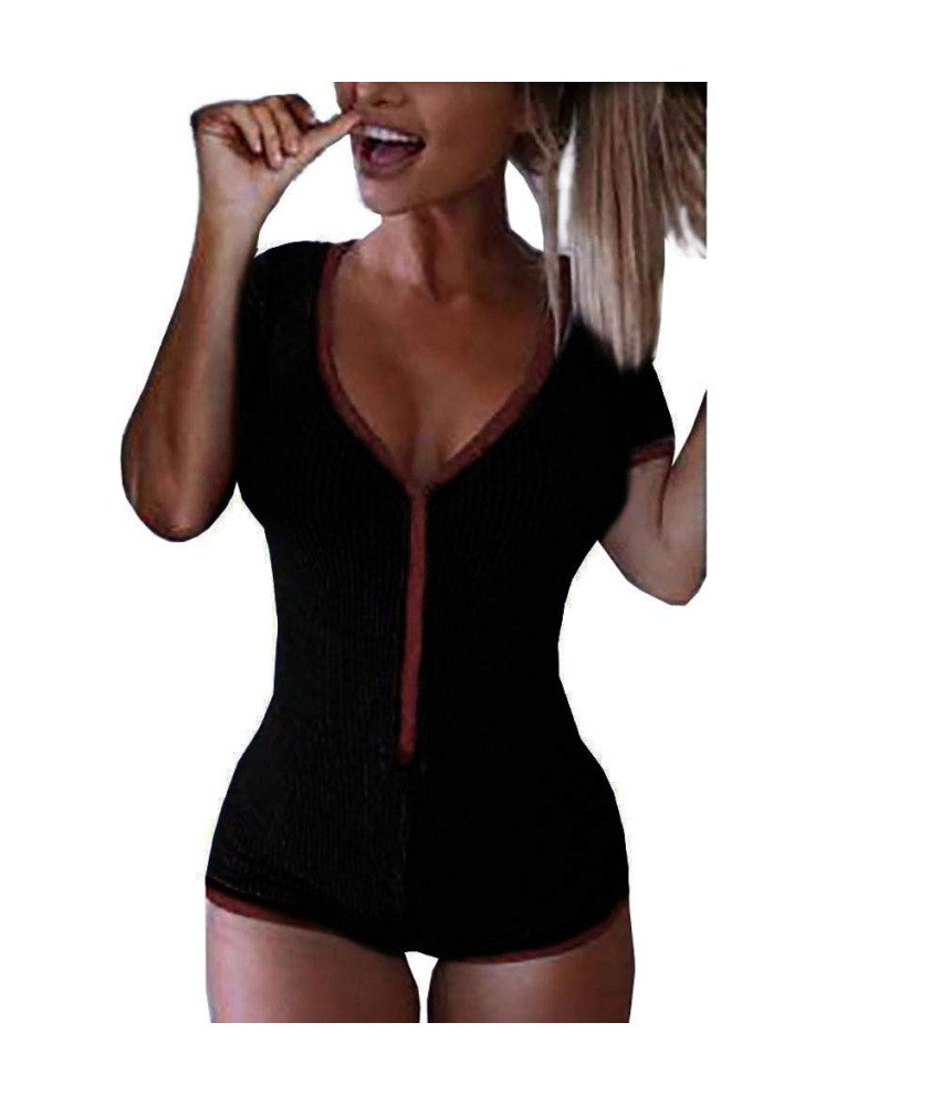 Body Damskie Krótki Rękaw Dekolt w Serek Czarno Czerwone Elastyczne L