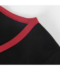 Body Damskie Krótki Rękaw Dekolt w Serek Czarno Czerwone Elastyczne L