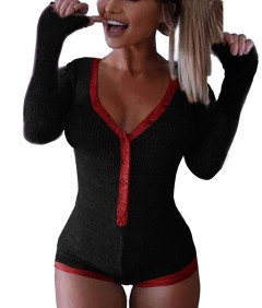 Body Damskie Długi Rękaw Dekolt w Serek Czarno Czerwone Elastyczne XL