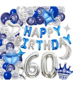 Zestaw Balonów na 60 Urodziny Niebiesko Srebrne Balony Foliowe XXL