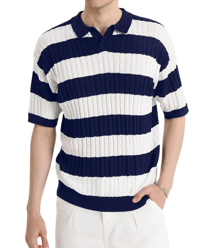 HYPESTFIT Męska Koszulka Polo z Krótki Rękaw w Elegancka Paski Granatowa M