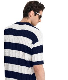 HYPESTFIT Męska Koszulka Polo z Krótki Rękaw w Elegancka Paski Granatowa M