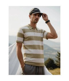 HYPESTFIT Męska Koszulka Polo z Krótkim Rękawem w Paski Elegancka Beżowa S