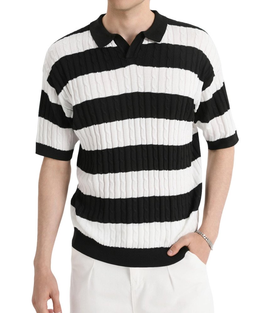 HYPESTFIT Męska Koszulka Polo z Krótkim Rękawem w Paski Elegancka Czarna S
