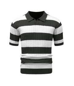 HYPESTFIT Męska Koszulka Polo z Krótkim Rękawem w Paski Elegancka Czarna S