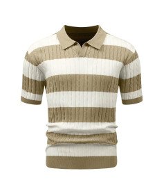 HYPESTFIT Męska Koszulka Polo z Krótkim Rękawem w Paski Elegancka Beżowa L