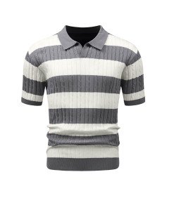 HYPESTFIT Męska Koszulka Polo z Krótkim Rękawem w Paski Elegancka Szara M