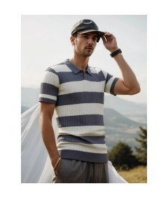 HYPESTFIT Męska Koszulka Polo z Krótkim Rękawem w Paski Elegancka Szara XL