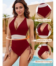 Strój Kąpielowy Damski Jednoczęściowy z Wysokim Stanem Czerwony M