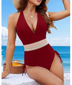 Strój Kąpielowy Damski Jednoczęściowy z Wysokim Stanem Czerwony M