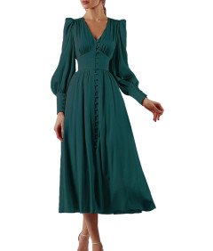 Damska Sukienka Maxi Długa Satynowa Elegancka Vintage Ciemnozielona XS