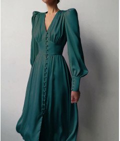 Damska Sukienka Maxi Długa Satynowa Elegancka Vintage Ciemnozielona XS