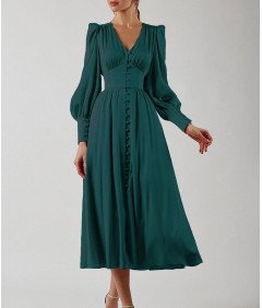 Damska Sukienka Maxi Długa Satynowa Elegancka Vintage Ciemnozielona XS