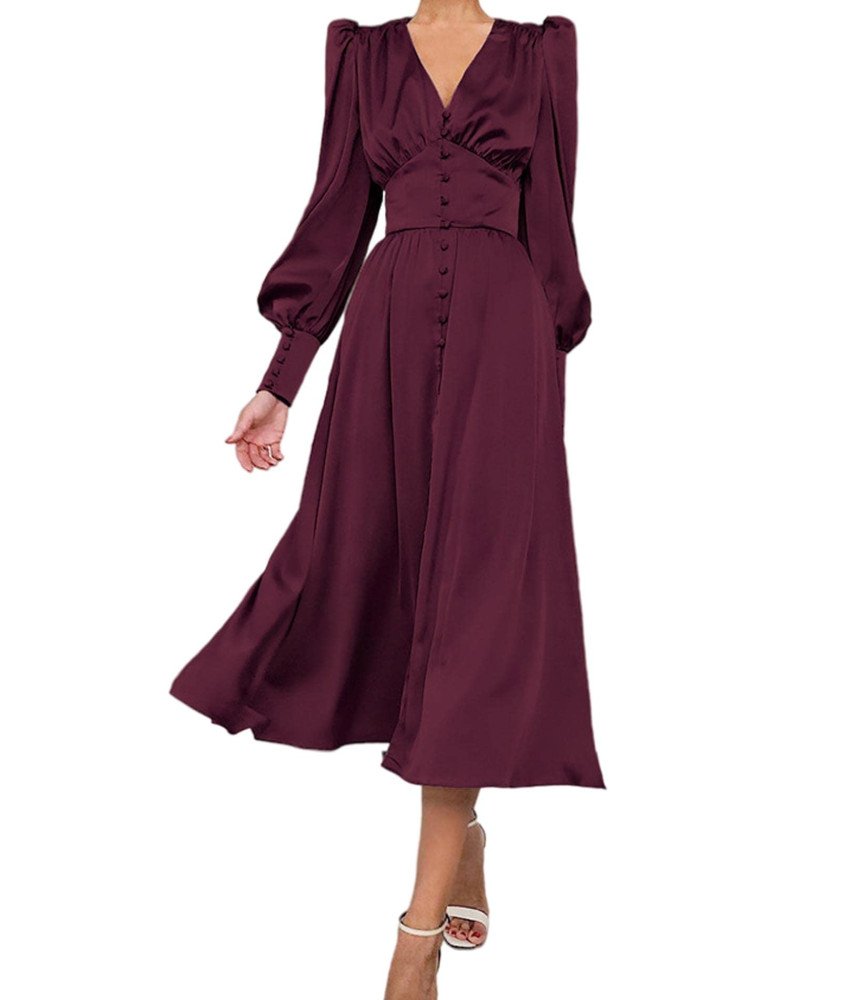 Damska Sukienka Maxi Satynowa Elegancka Vintage Bufiaste Rękawy Bordowa XL