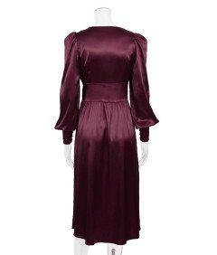 Damska Sukienka Maxi Satynowa Elegancka Vintage Bufiaste Rękawy Bordowa XL