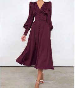 Damska Sukienka Maxi Satynowa Elegancka Vintage Bufiaste Rękawy Bordowa XL