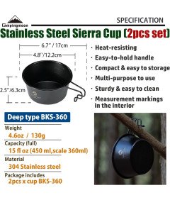 Kubek Kempingowy ze Stali Nierdzewnej 450 ml Głęboki 2 Sztuki Czarny