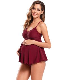 SHEKINI Dwuczęściowy Strój Kąpielowy Ciążowy Kostium Tankini Bordowy L