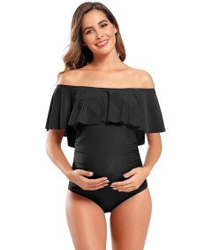 SHEKINI Damski Strój Kąpielowy Jednoczęściowy Kostium Ciążowy z Falbanką L
