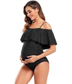 SHEKINI Damski Strój Kąpielowy Jednoczęściowy Kostium Ciążowy z Falbanką L