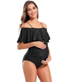 SHEKINI Damski Strój Kąpielowy Jednoczęściowy Kostium Ciążowy z Falbanką L