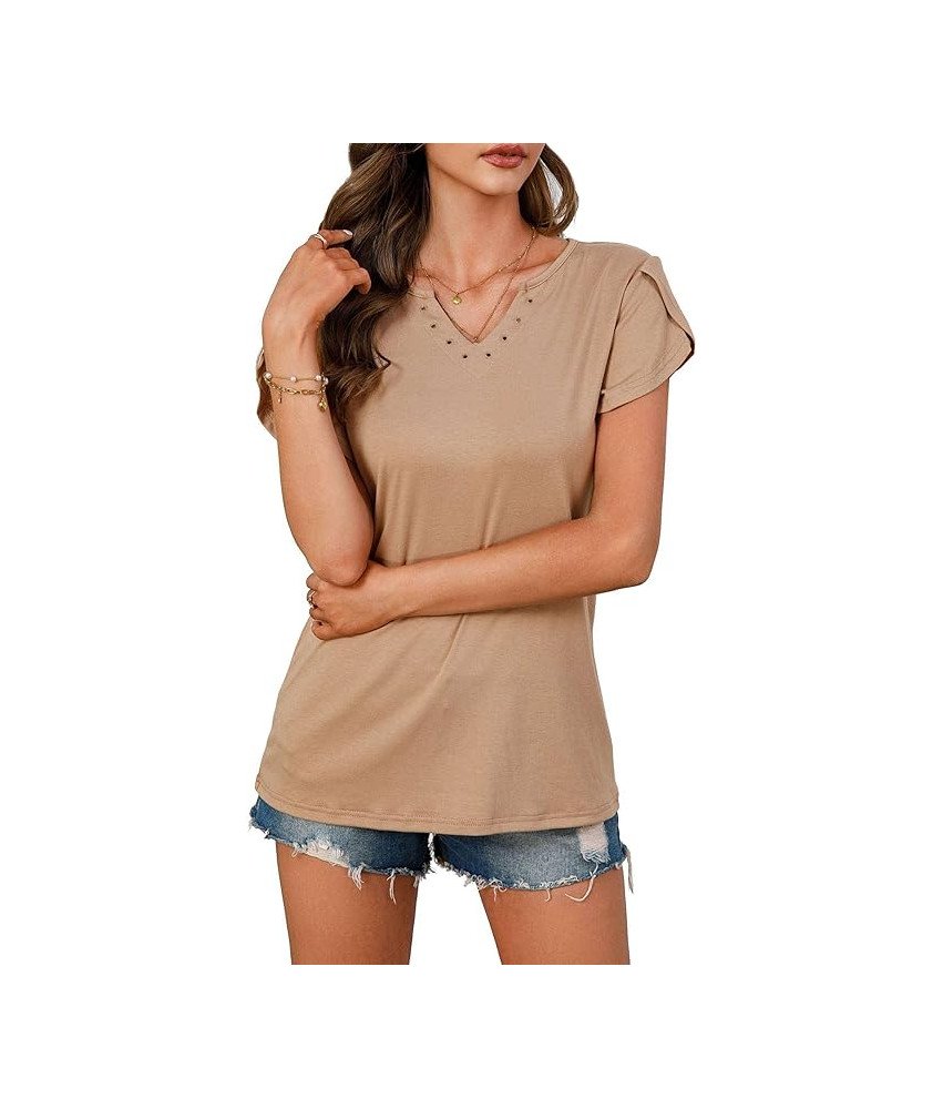 Elegancka Bluzka Damska V-Neck Oddychająca Krótki Rękaw Casual Brązowa S