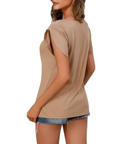 Elegancka Bluzka Damska V-Neck Oddychająca Krótki Rękaw Casual Brązowa S