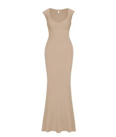 REORIA Sukienka Elegancka Maxi Prążkowana Smukła Krótki Rękaw Beżowa XS