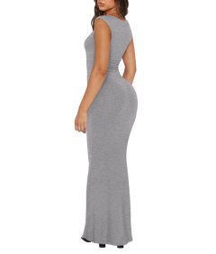 REORIA Sukienka Elegancka Maxi Prążkowana Smukła Krótki Rękaw Szare XS