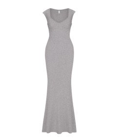 REORIA Sukienka Elegancka Maxi Prążkowana Smukła Krótki Rękaw Szare XS